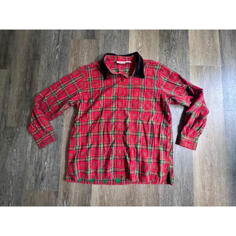Basic Editions Holiday Shirt Womens XL‎ Red Plaid Velvet Collar Holly Vintage